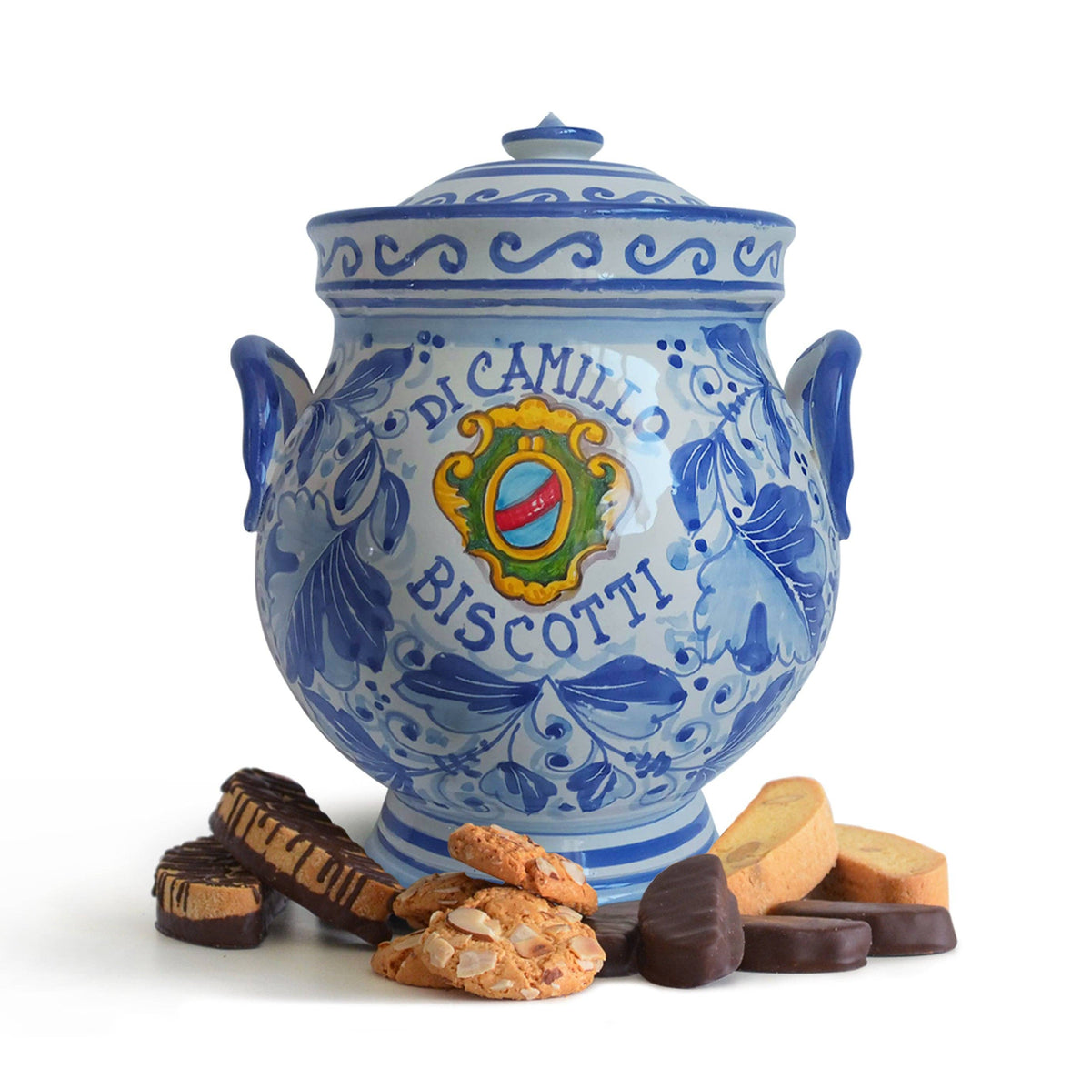Blue Crest Biscotti Jar – blue and white Montelupo majolica cookie jar with lid, shown with DiCamillo biscotti