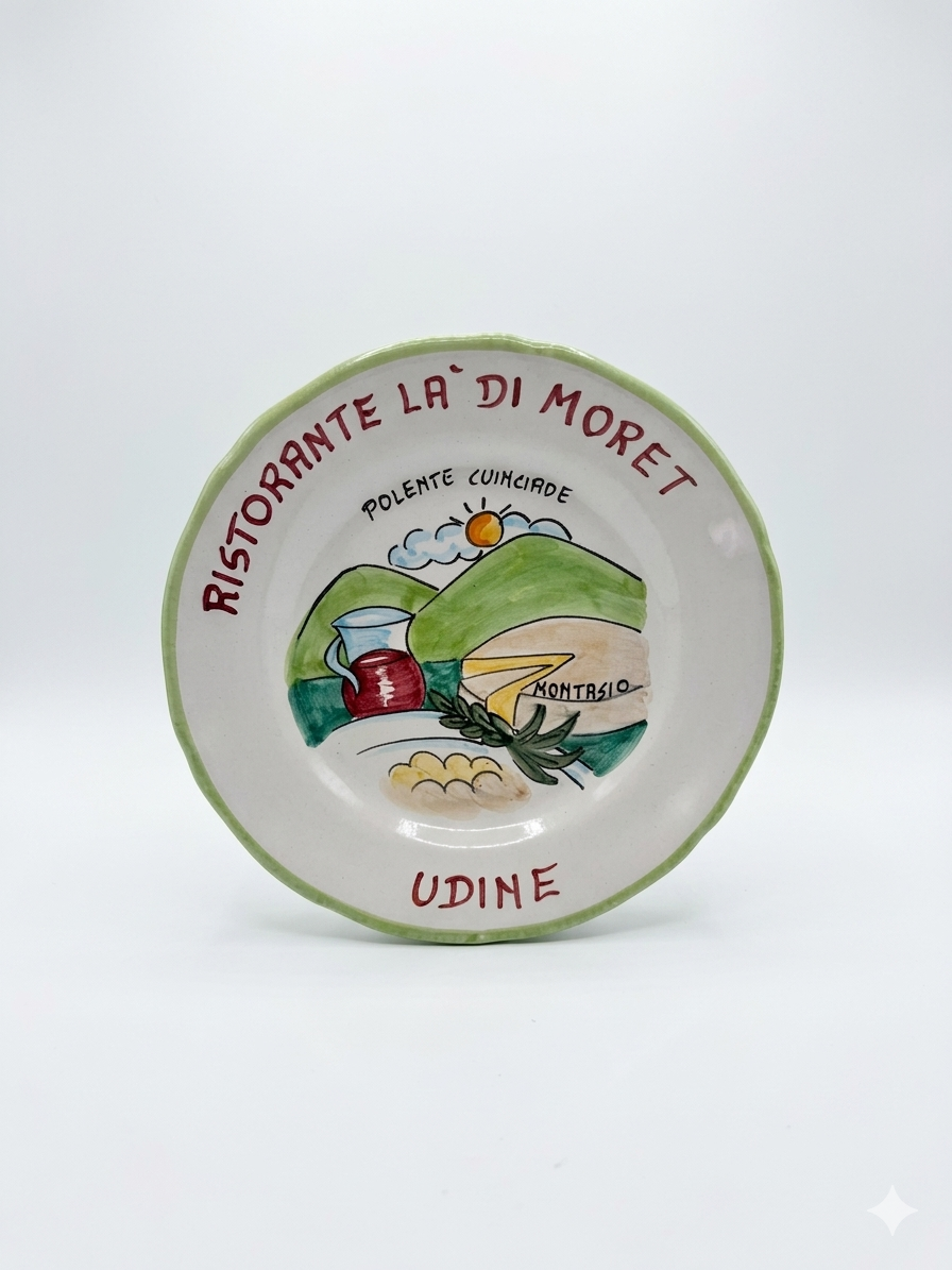 Hand-painted Italian ceramic plate from Udine with polenta, wine, and countryside scene in green border