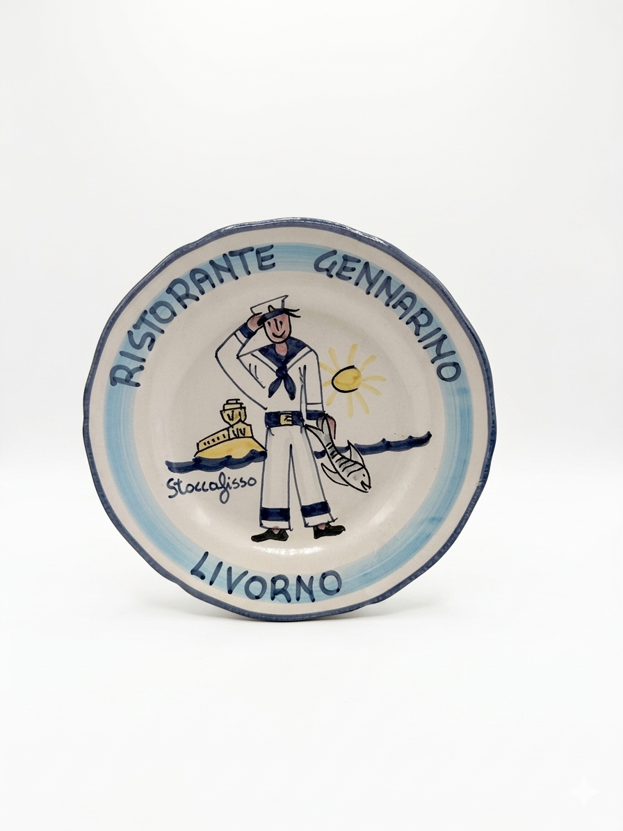 Hand-painted Buon Ricordo ceramic plate with sailor holding fish, Ristorante Gennarino Livorno inscription, blue coastal design
