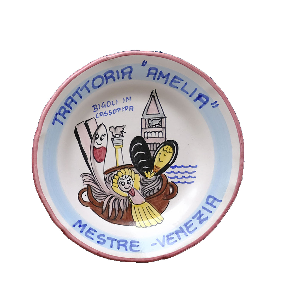 Hand-painted Buon Ricordo Italian ceramic plate from Mestre Venice with gondola, mussel and clam, Trattoria Amelia bigoli in cassopipa