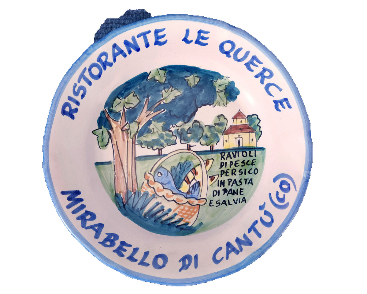 Hand-painted Buon Ricordo Italian ceramic plate from Mirabello di Cantu with oak trees and lake perch in a basket, Ristorante Le Querce
