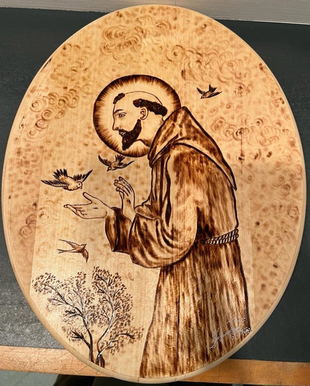 St. Francis with Birds Oval in Pyrography | PRE-ORDER