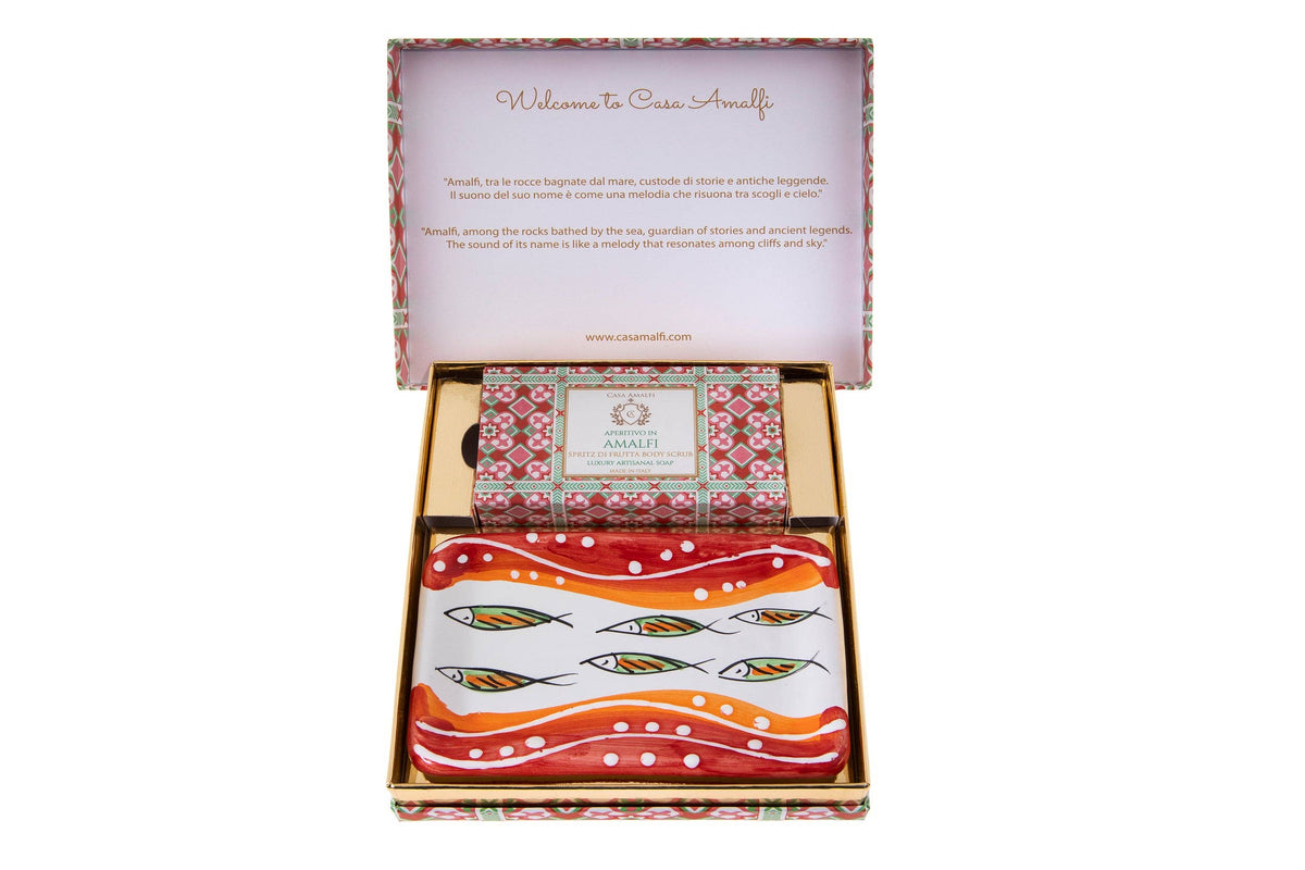 Aperitivo in Amalfi Gift Set — Hand-Painted Alici Rosse Soap Dish & Italian Scrub Soap