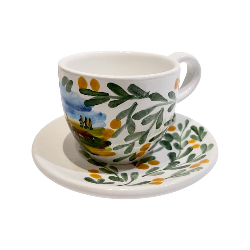 Tuscan Countryside Espresso Cup, ceramics, pottery, italian design, majolica, handmade, handcrafted, handpainted, home decor, kitchen art, home goods, deruta, majolica, Artisan, treasures, traditional art, modern art, gift ideas, style, SF, shop small business, artists, shop online, landmark store, legacy, one of a kind, limited edition, gift guide, gift shop, retail shop, decorations, shopping, italy, home staging, home decorating, home interiors