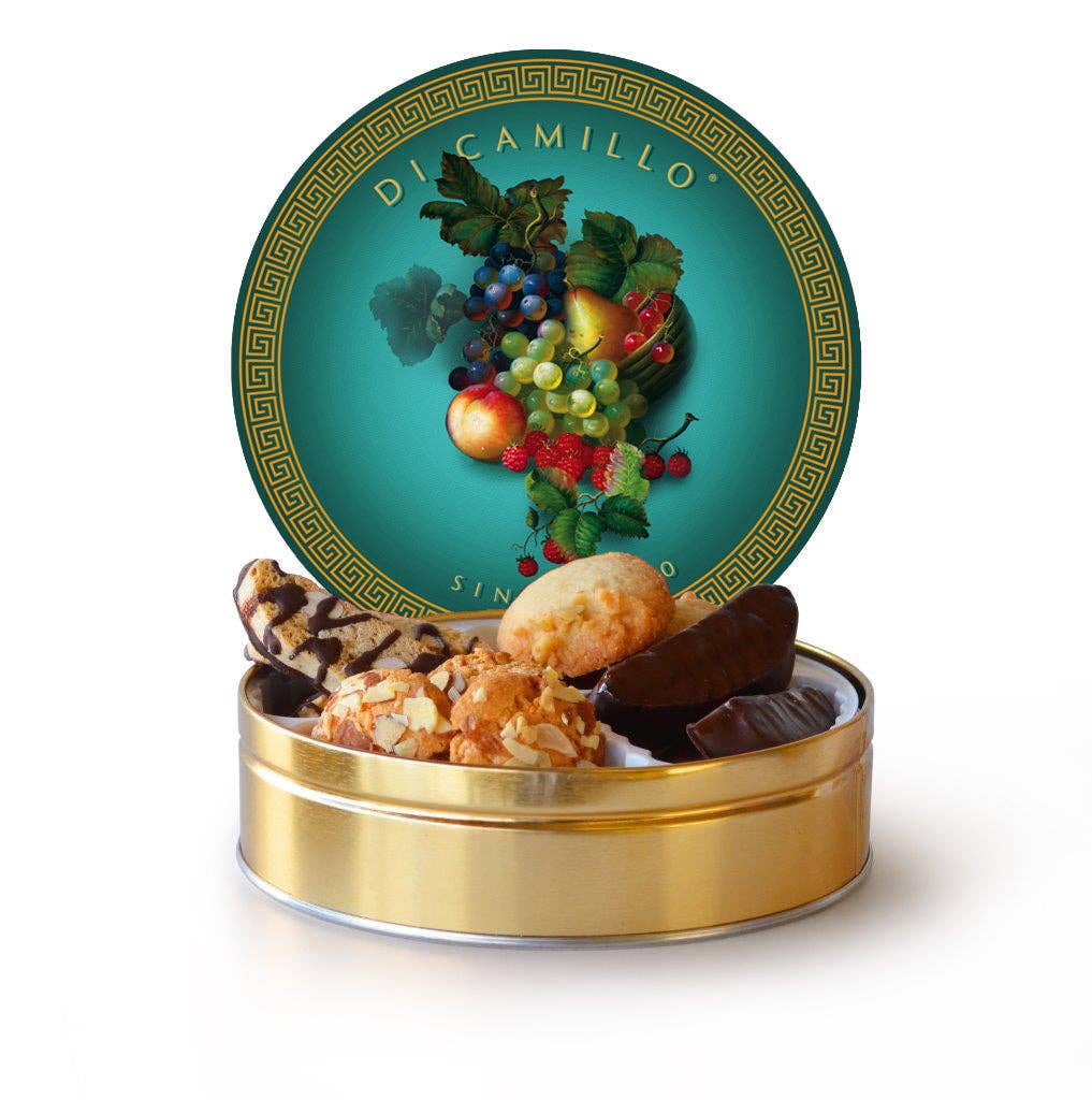 Azzurro Biscotti Tin – sky-blue DiCamillo keepsake tin with fruit lid, filled with biscotti and almond macaroons