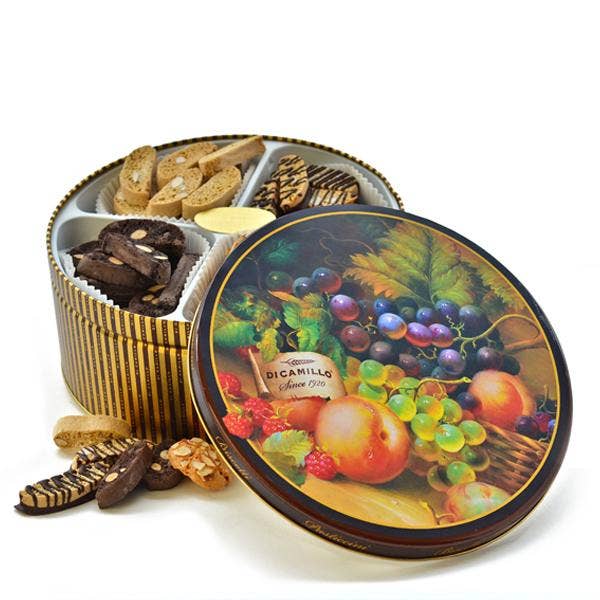 Quarto Biscotti Sampler Tin – DiCamillo keepsake tin with fruit artwork lid and four compartments of biscotti