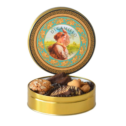La Mietitrice Holiday Tin – open gold tin with DiCamillo biscotti, almond macaroons and butter walnut shortbread
