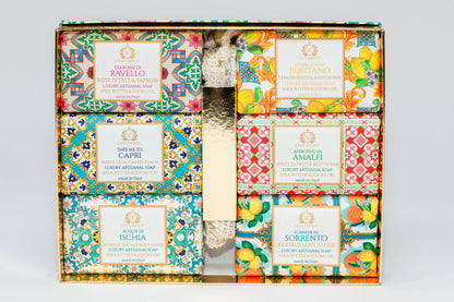 Maiolica Gift Box — Six Italian Soaps & Sisal Soap Bag