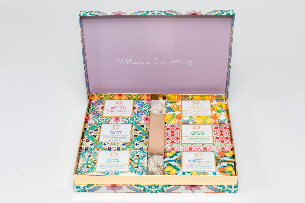 Maiolica Gift Box — Six Italian Soaps & Sisal Soap Bag