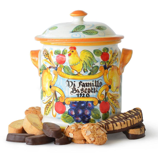 Lucky Rooster Biscotti Jar – hand-painted Italian majolica cookie jar with a good-luck rooster, lemons and grapes, handmade in Montelupo, Tuscany, filled with DiCamillo biscotti
