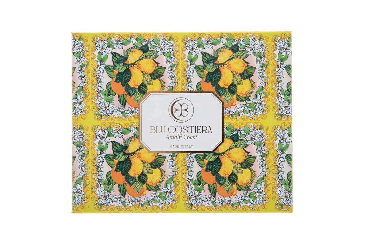 Positano Sunray gift box from Blu Costiera, closed, showing hand-painted Amalfi Coast maiolica tile artwork of lemons, oranges and white orange blossom on a yellow ground
