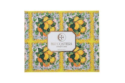Positano Sunray gift box from Blu Costiera, closed, showing hand-painted Amalfi Coast maiolica tile artwork of lemons, oranges and white orange blossom on a yellow ground