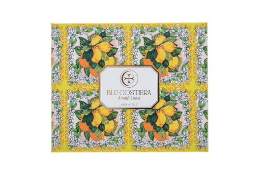 Positano Sunray gift box from Blu Costiera, closed, showing hand-painted Amalfi Coast maiolica tile artwork of lemons, oranges and white orange blossom on a yellow ground
