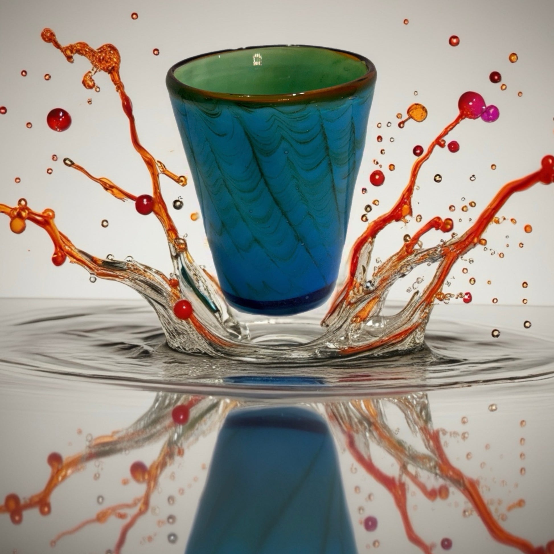 Hand-blown Italian glass tumbler with blue base fading into green rim and subtle feathered pattern