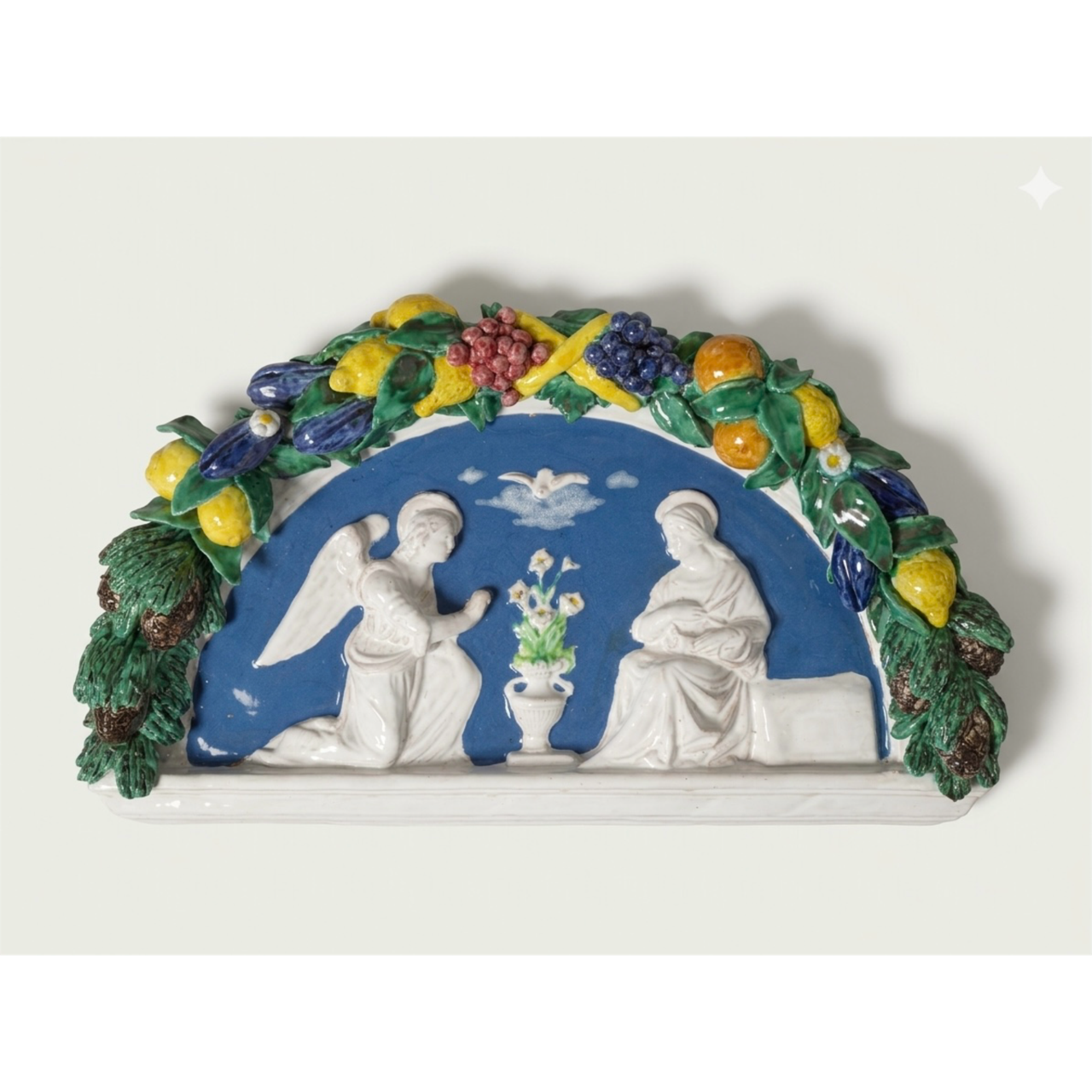 Hand-Painted Italian Ceramic Annunciation Arched Della Robbia
