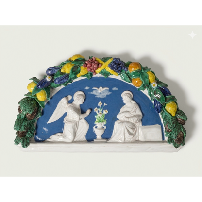 Hand-Painted Italian Ceramic Annunciation Arched Della Robbia