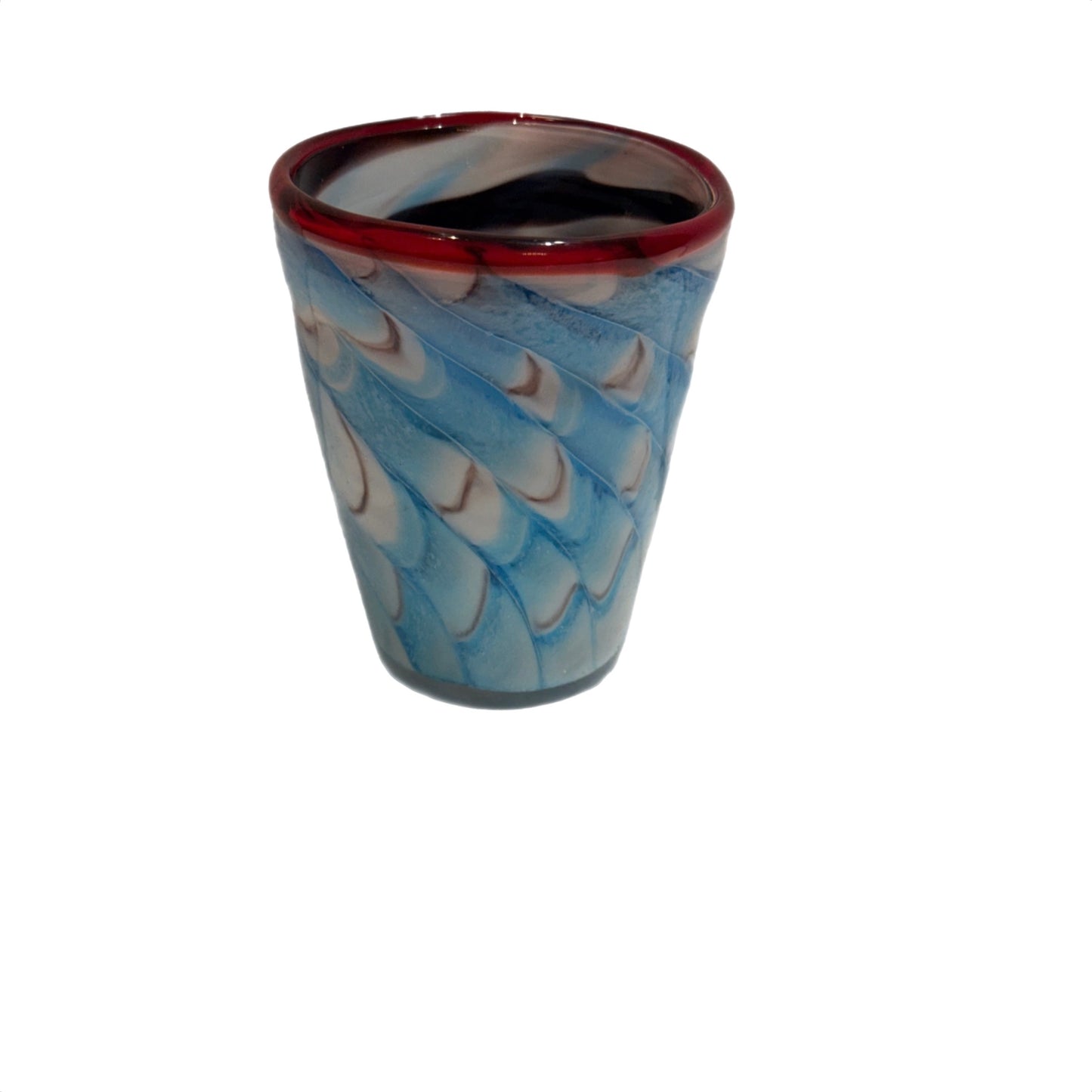 Hand-Blown Italian Glass Tumbler – Blue Swirl with Red Rim