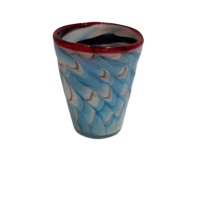 Hand-Blown Italian Glass Tumbler – Blue Swirl with Red Rim