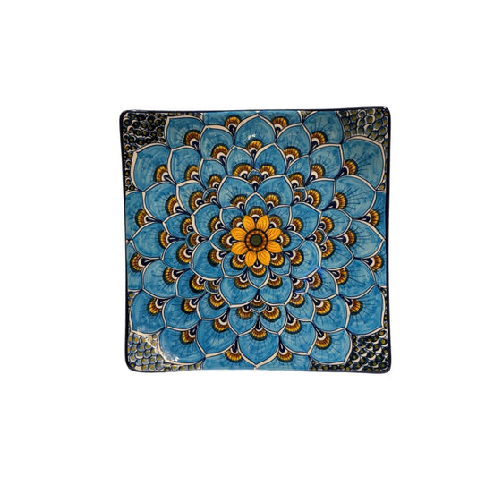 Hand-Painted Blue Peacock Serving Platter (11" x 11")