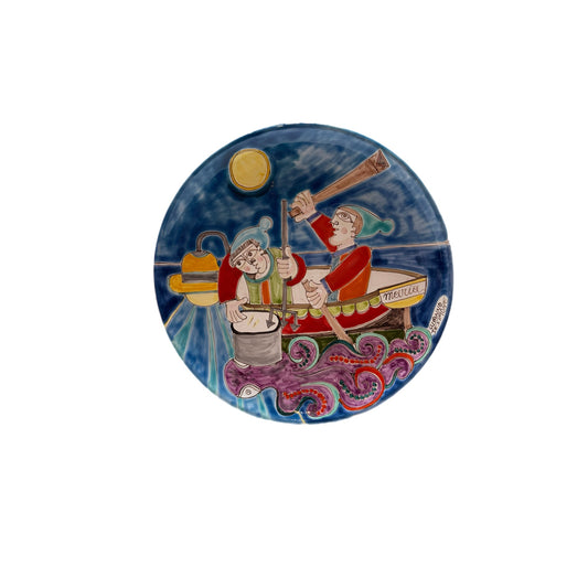 Susanna DeSimone Hand-Painted Plate – Sicilian Fisherman Night Scene (12")