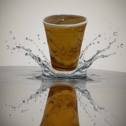 Hand-blown Italian amber glass tumbler with marbled swirl pattern and organic shape