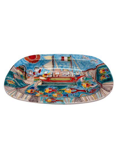 Susanna DeSimone Fisherman Bowl – Hand-Painted Sicilian Ceramic (15" x 11" x 2")