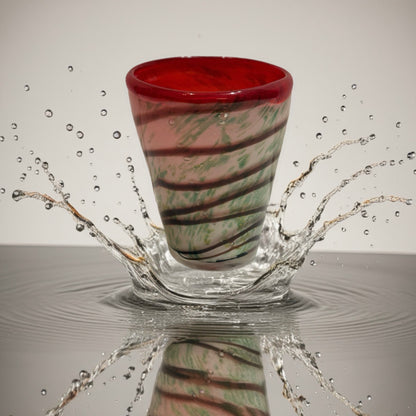 Hand-blown Italian glass tumbler with green and ivory swirl pattern and red rim