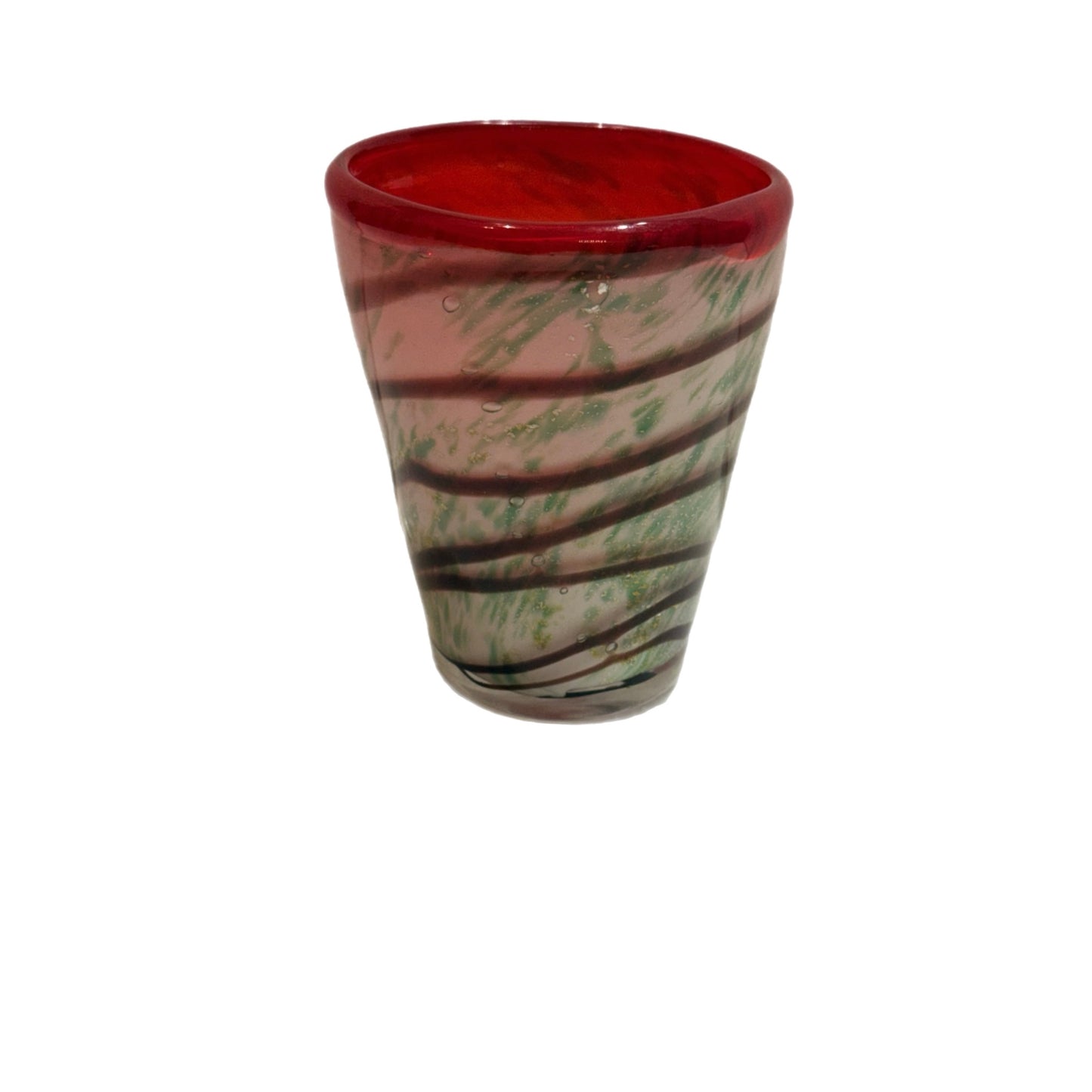 Hand-Blown Italian Glass Tumbler – Green Swirl with Red Rim