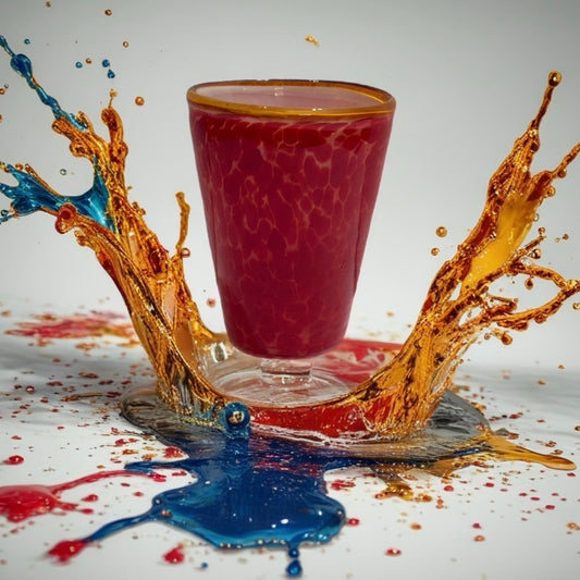 Hand-blown Italian red glass tumbler with crackle pattern and amber rim