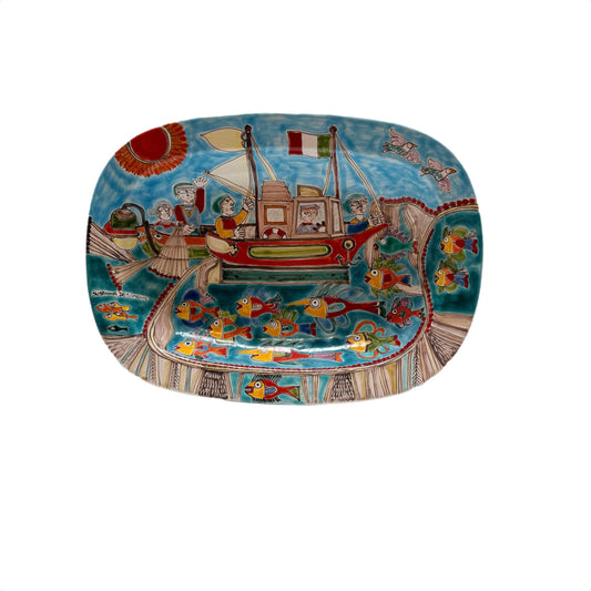 Susanna DeSimone Fisherman Bowl – Hand-Painted Sicilian Ceramic (15" x 11" x 2")