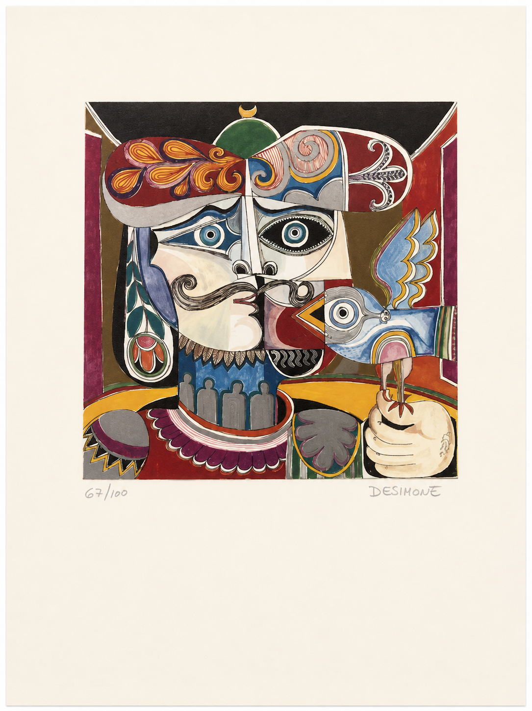 De Simone Cubist Portrait with Ornate Bird Staff | Lithograph Royal Collection