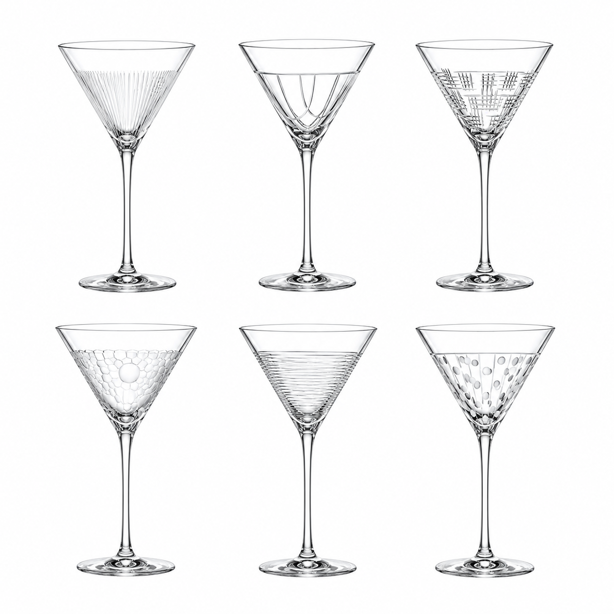 Salviati Hand-Carved Crystal Martini Glasses, Set of 6