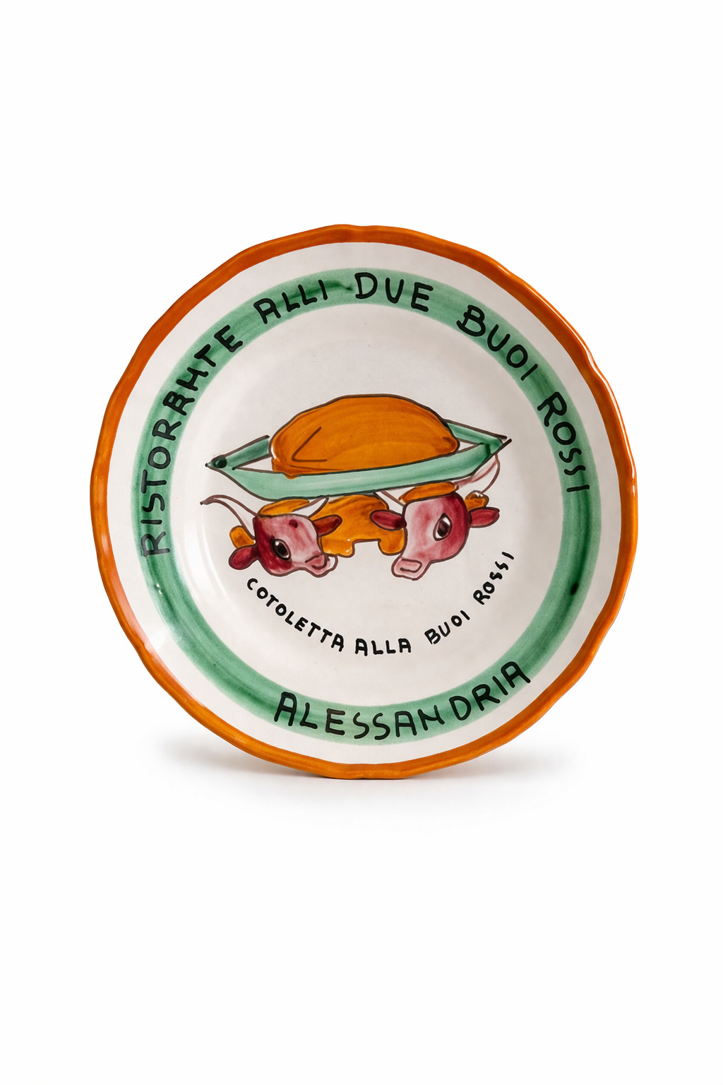 Hand-painted Buon Ricordo Italian ceramic plate from Alessandria with oxen and Cotoletta alla Buoi Rossi from Alli Due Buoi Rossi restaurant