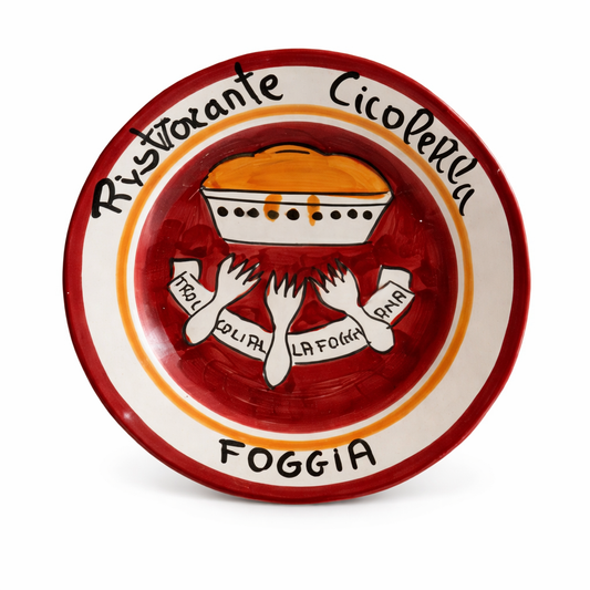 Hand-painted Buon Ricordo Italian ceramic plate from Foggia with traditional cooking pot and Cicolella restaurant inscription