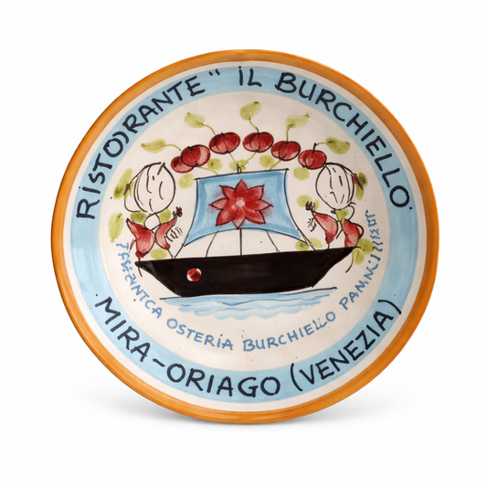 Hand-painted Buon Ricordo Italian ceramic plate from Mira Venezia with boat, cherries, and Il Burchiello restaurant inscription