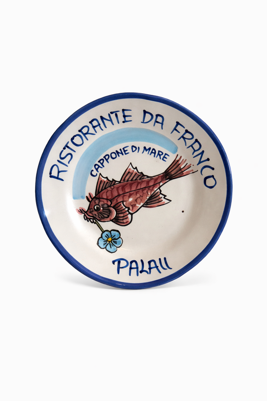 Hand-painted Buon Ricordo Italian ceramic plate from Palau Sardinia with scorpionfish and Da Franco restaurant inscription