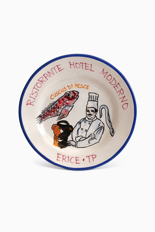 Hand-painted Buon Ricordo Italian ceramic plate from Erice Sicily with fish, chef, and couscous dish from Ristorante Hotel Moderno