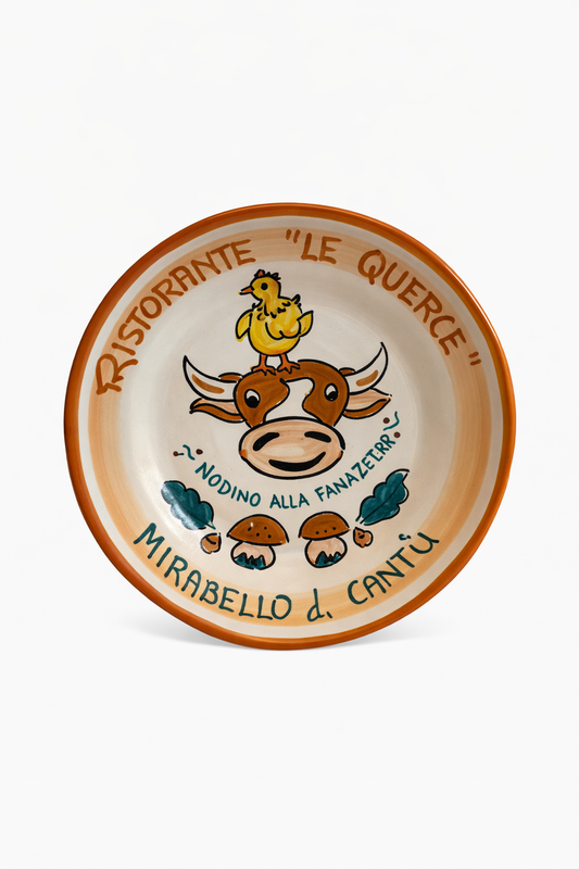 Hand-painted Buon Ricordo Italian ceramic plate from Mirabello di Cantù with calf and chick illustration from Le Querce restaurant