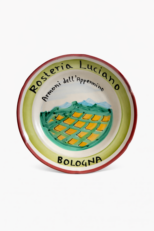Hand-painted Buon Ricordo Italian ceramic plate from Bologna with countryside landscape and Osteria Luciano inscription