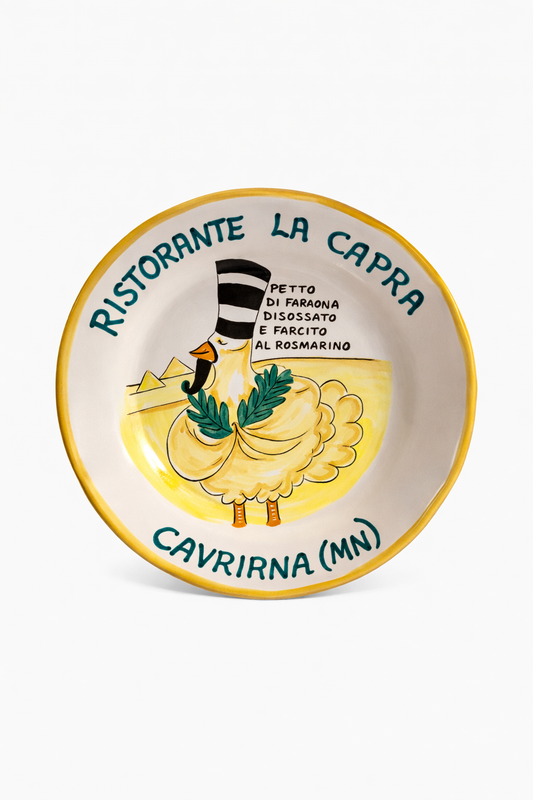 Hand-painted Buon Ricordo Italian ceramic plate from Cavriana with guinea fowl and rosemary dish from Ristorante La Capra