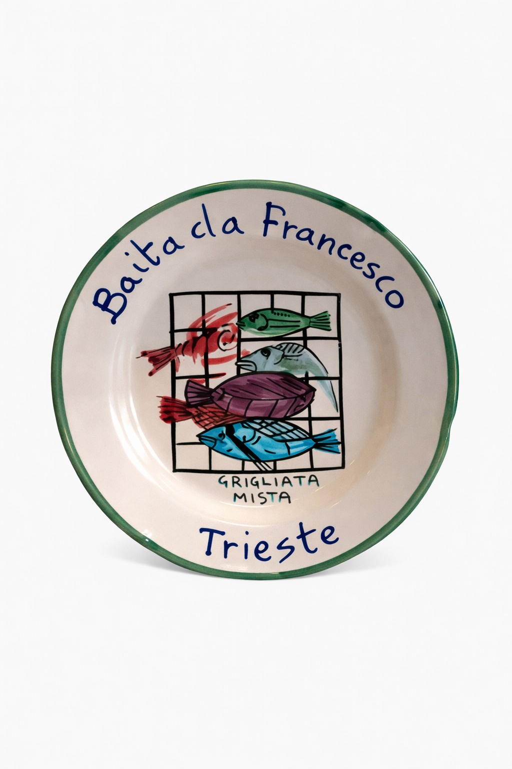 Hand-painted Buon Ricordo Italian ceramic plate from Trieste with mixed seafood grill and Baita da Francesco inscription