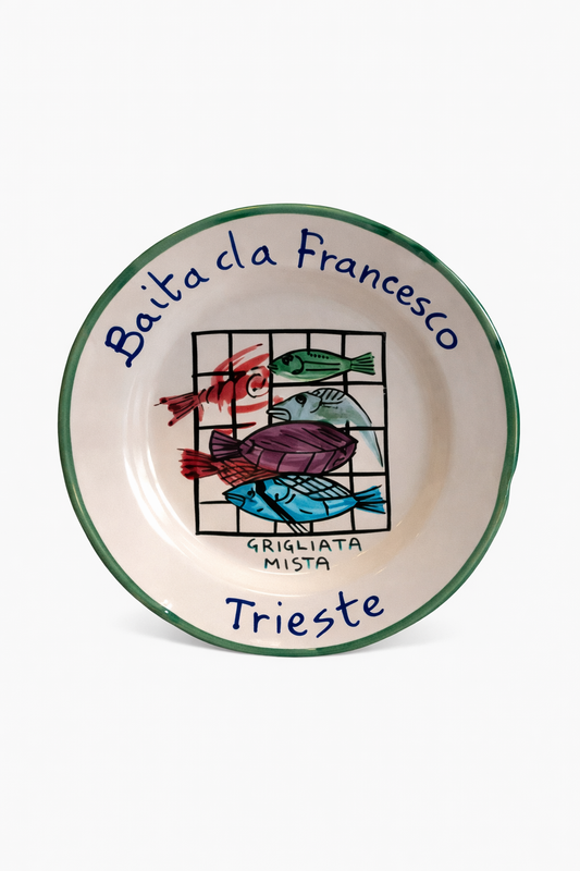 Hand-painted Buon Ricordo Italian ceramic plate from Trieste with mixed seafood grill and Baita da Francesco inscription
