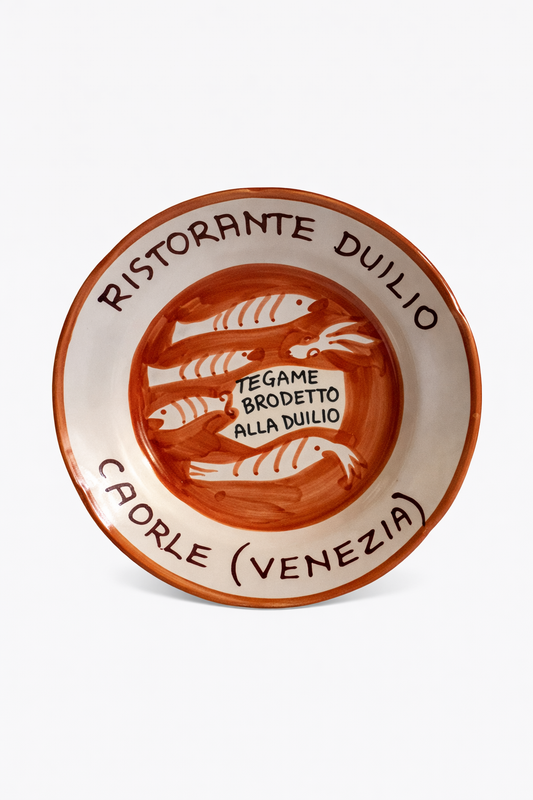 Hand-painted Buon Ricordo Italian ceramic plate from Caorle with fish and shrimp seafood stew from Ristorante Duilio