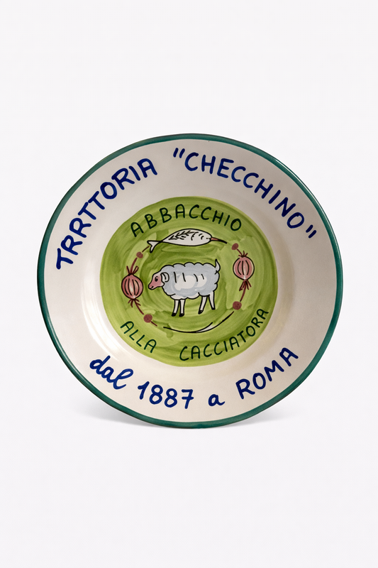 Hand-painted Buon Ricordo Italian ceramic plate from Rome with lamb and abbacchio alla cacciatora from Trattoria Checchino