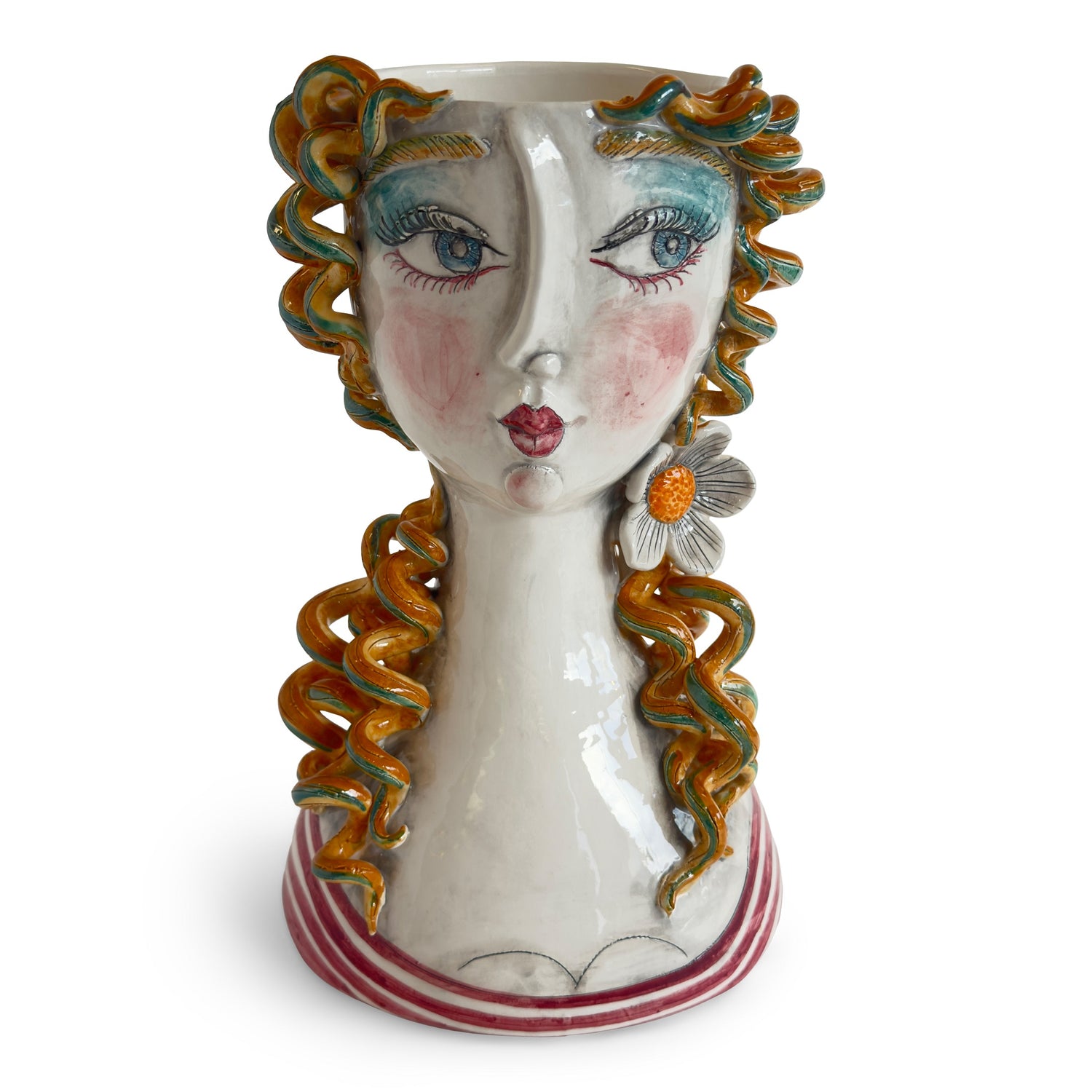 "Handcrafted Italian ceramic vase by Schittone Ceramiche featuring a sculpted female face with turquoise and gold curls and a daisy earring. Artisan-made in Italy, each piece is unique and hand-painted."