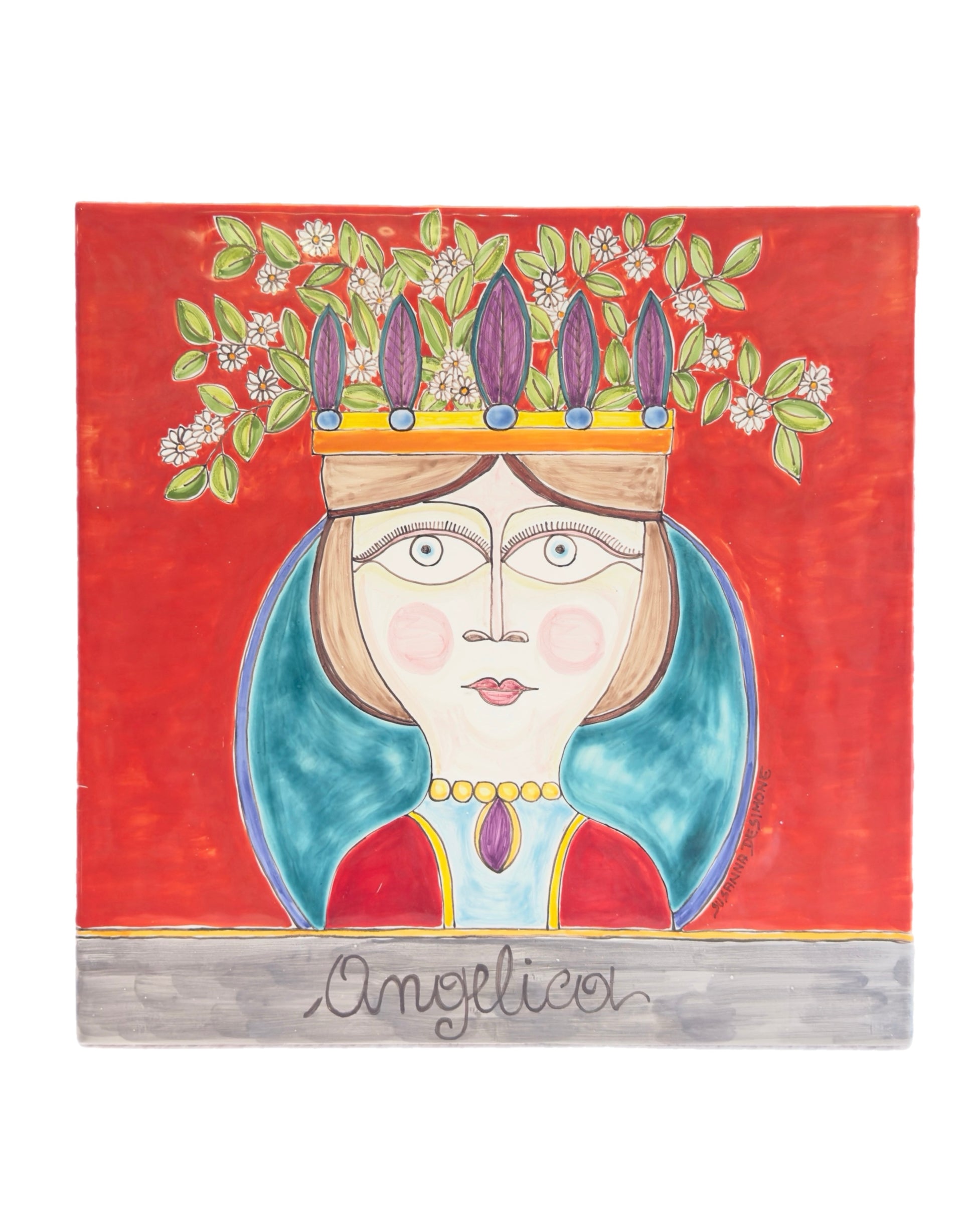 Susanna De Simone ceramic wall art titled Angelica, depicting a queen with floral crown in vibrant red and turquoise, hand-painted in Sicily.