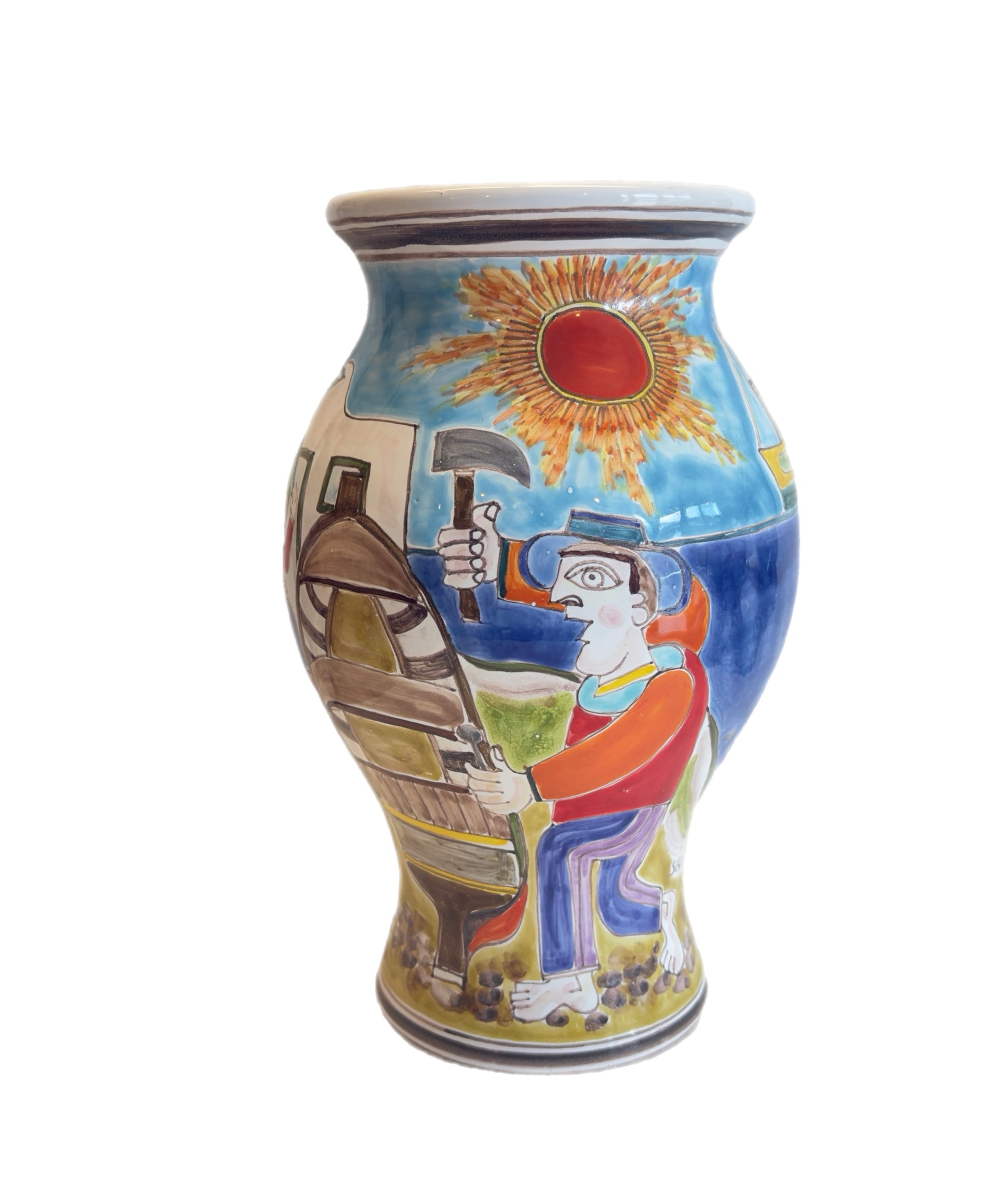 Hand-painted ceramic vase by Susanna De Simone depicting Sicilian coastal life, fishermen, and sunlit village scenes, crafted in Palermo, Italy.