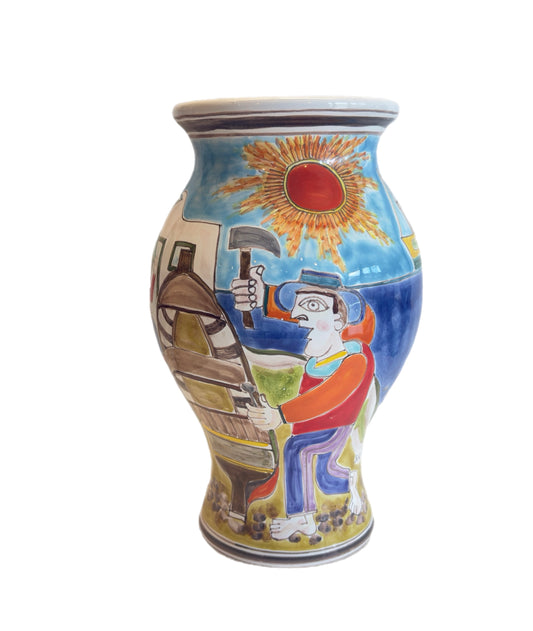 Hand-painted ceramic vase by Susanna De Simone depicting Sicilian coastal life, fishermen, and sunlit village scenes, crafted in Palermo, Italy.