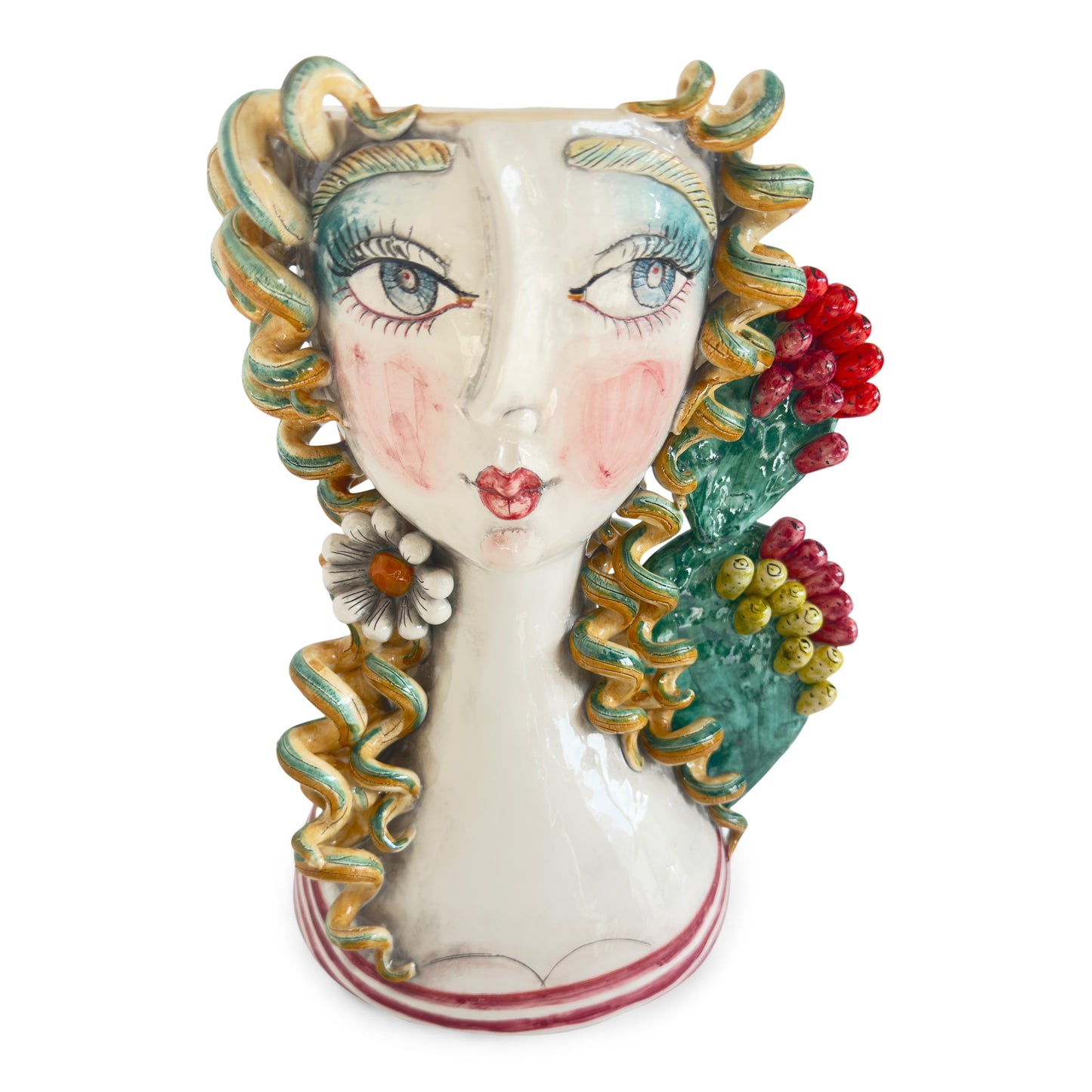 "Handcrafted Italian ceramic vase by Schittone Ceramiche featuring a sculpted female face with golden curls, turquoise accents, and vibrant Sicilian cactus fruits in red and green. Artisan-made and hand-painted in Italy."