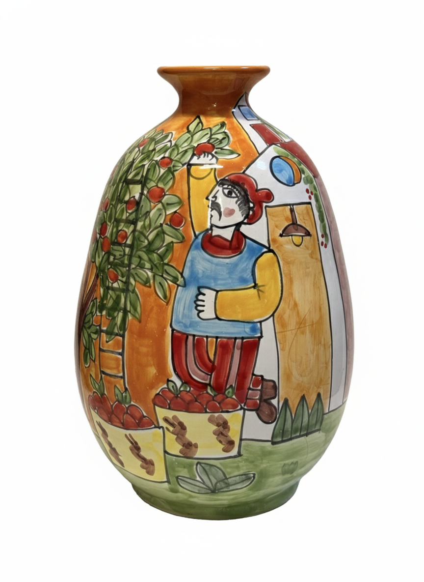 VINTAGE & COLLECTIBLE CERAMICS Hand-Painted Italian Harvest Scene Vase – La Musa Style